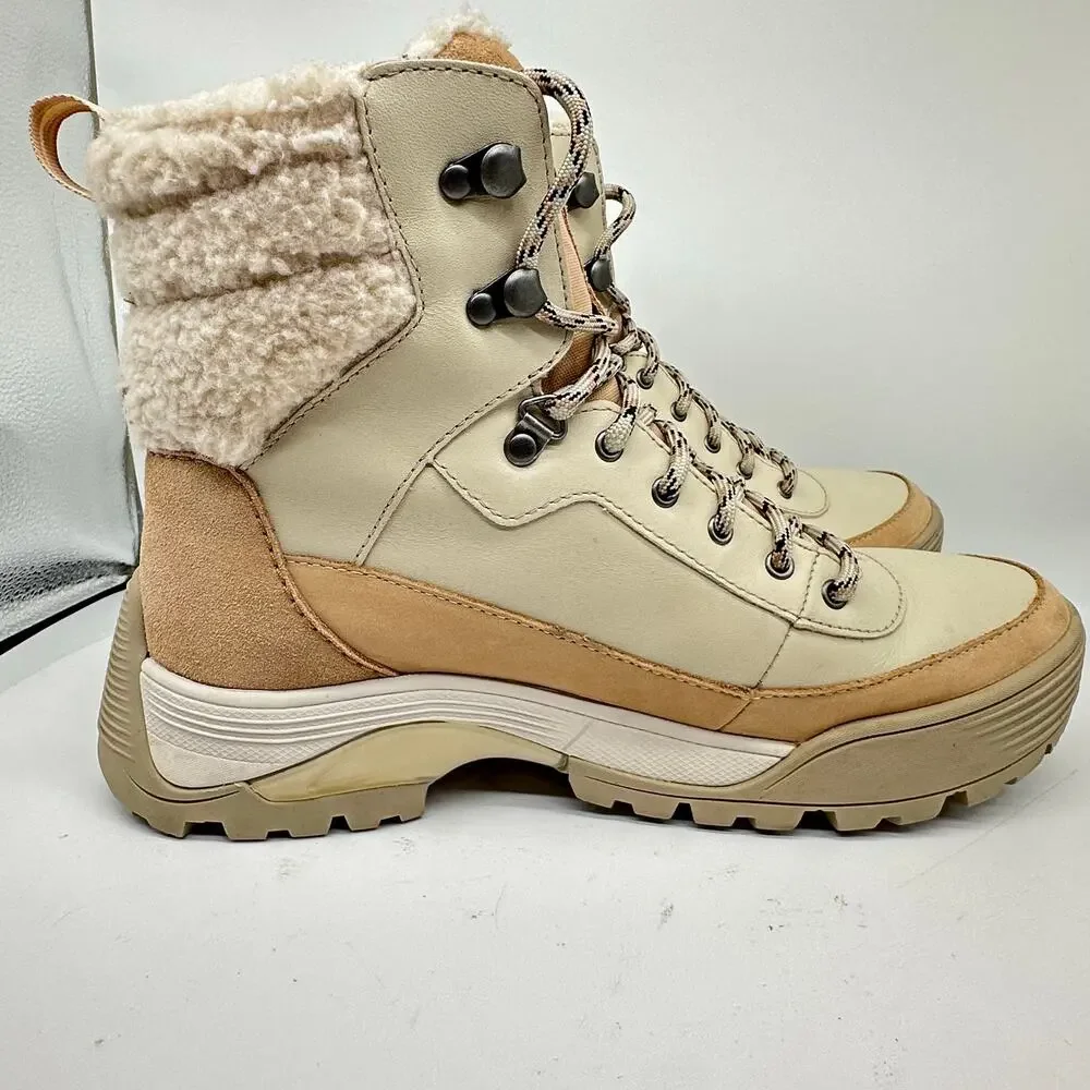 Clarks ATL Hike Top Gore-Tex Cream Leather Boots Fur Trim Collar Size 9.5
